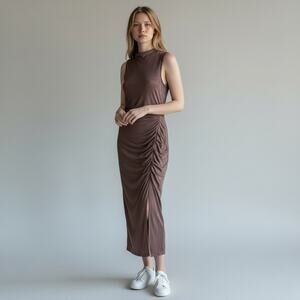 ASOS DESIGN Taupe Velour Ruched Side Slit Mock Neck Midi Dress Sz 12